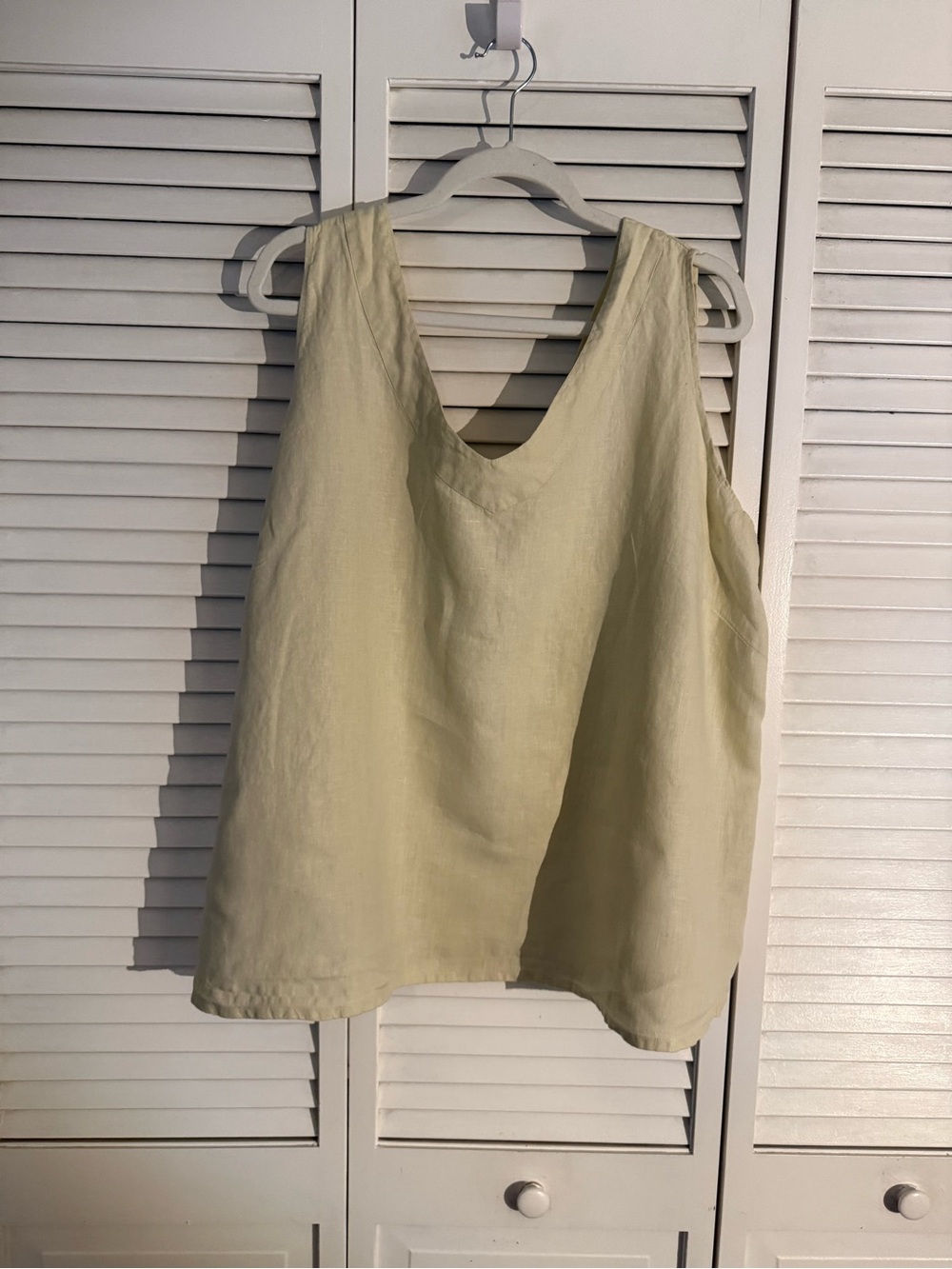 FLAX Generous cut 100 percent linen V-Neck sleeveless Top in Light Sage/ yellow